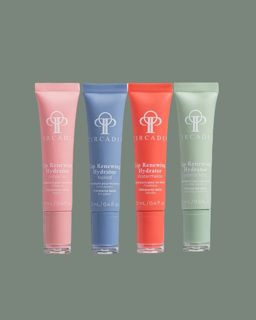 Four tubes of lip balm from a brand named 'Circadia' on a light grey background